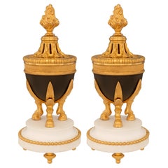 Pair of French 19th Century Louis XVI St. Bronze, Marble, and Ormolu Lidded Urns