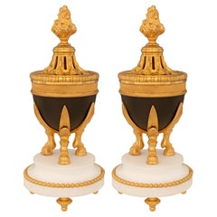 Pair of French 19th Century Louis XVI St. Bronze, Marble, and Ormolu Lidded Urns
