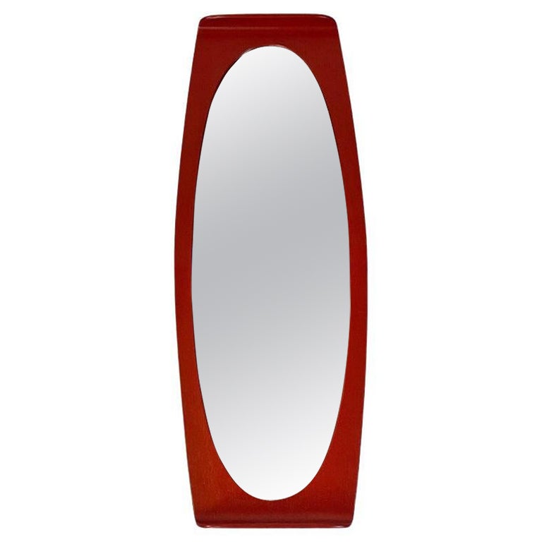 Italian Modern Oval, Brick Red, Curved Wood Wall Mirror, 1970s