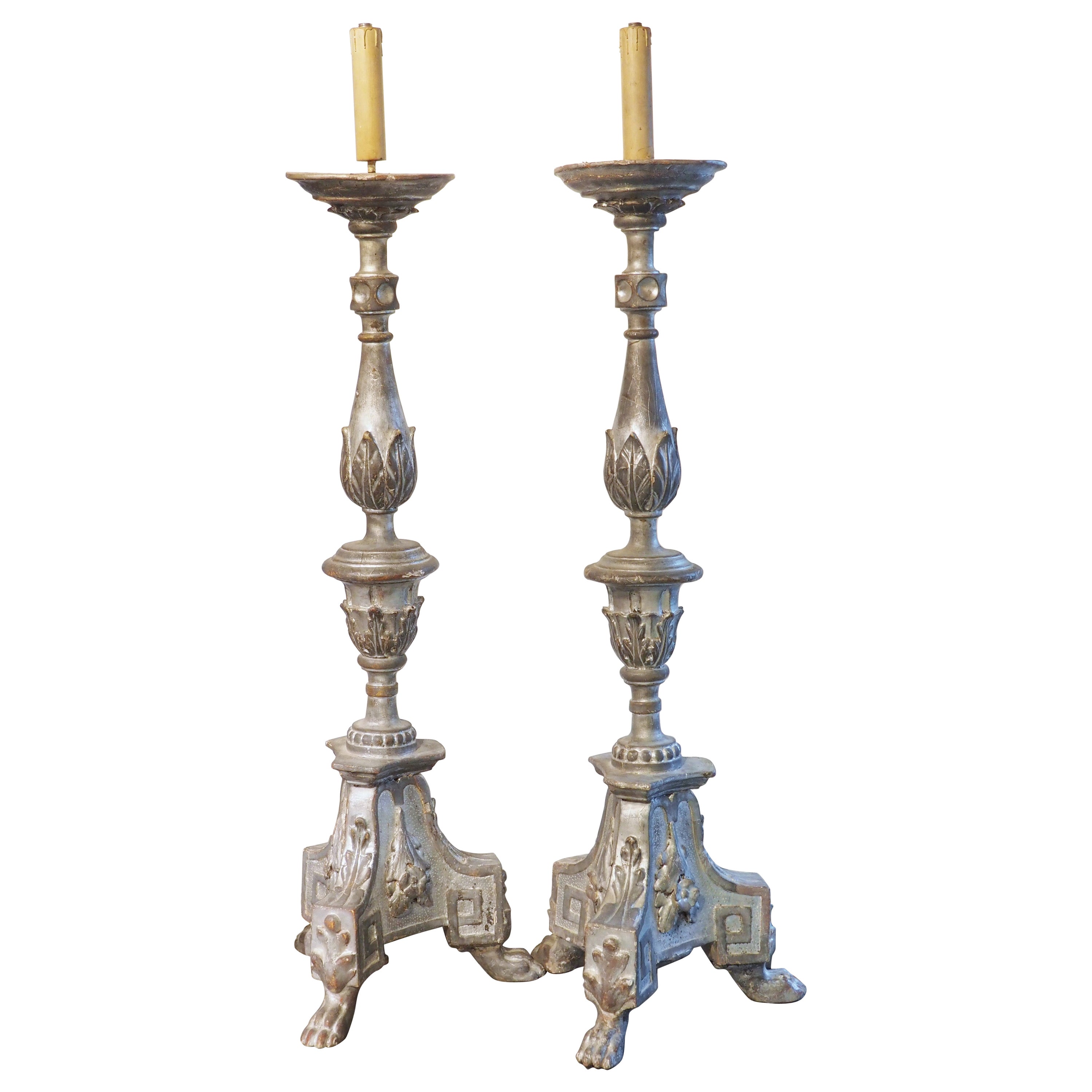 Pair of 76 Inch H Antique Italian Silver Gilt Torchère Candlesticks, circa 1800 For Sale