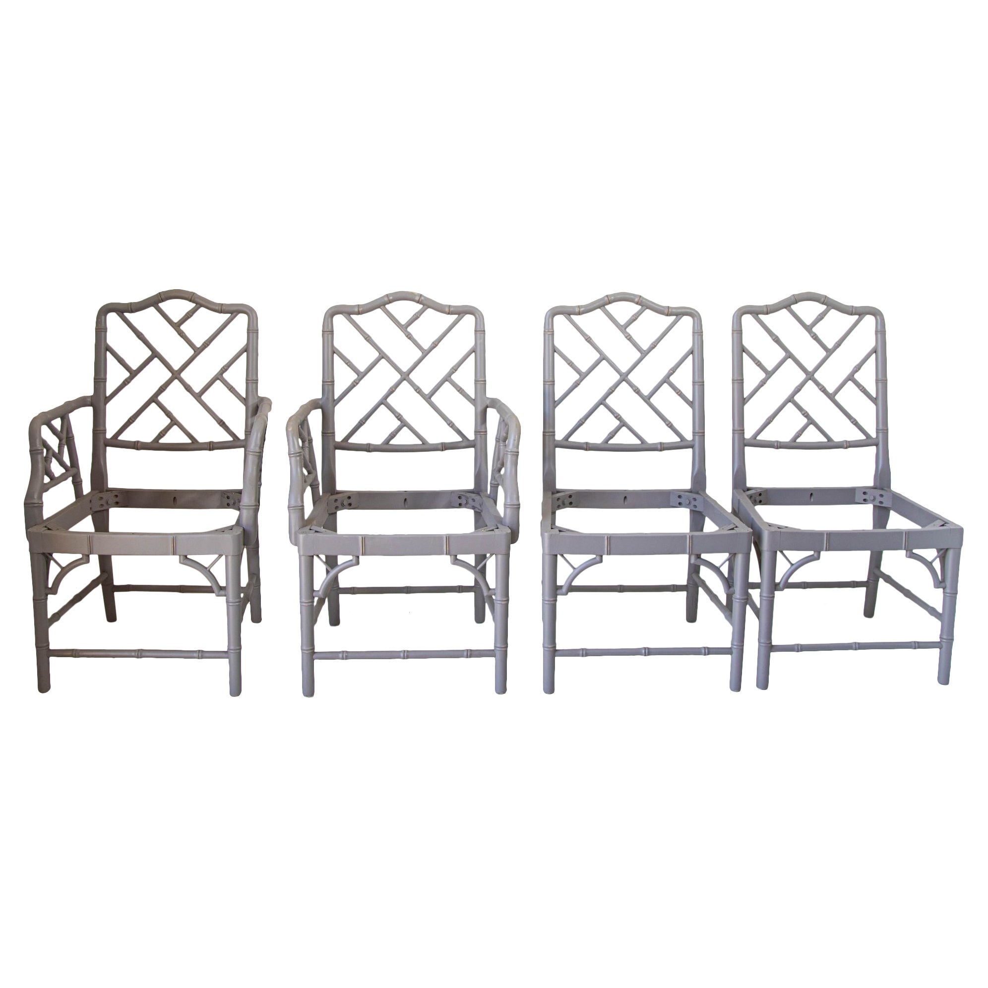 Chinese Chippendale Faux Bamboo Chairs Jonathan Adler Style Set of Four For Sale