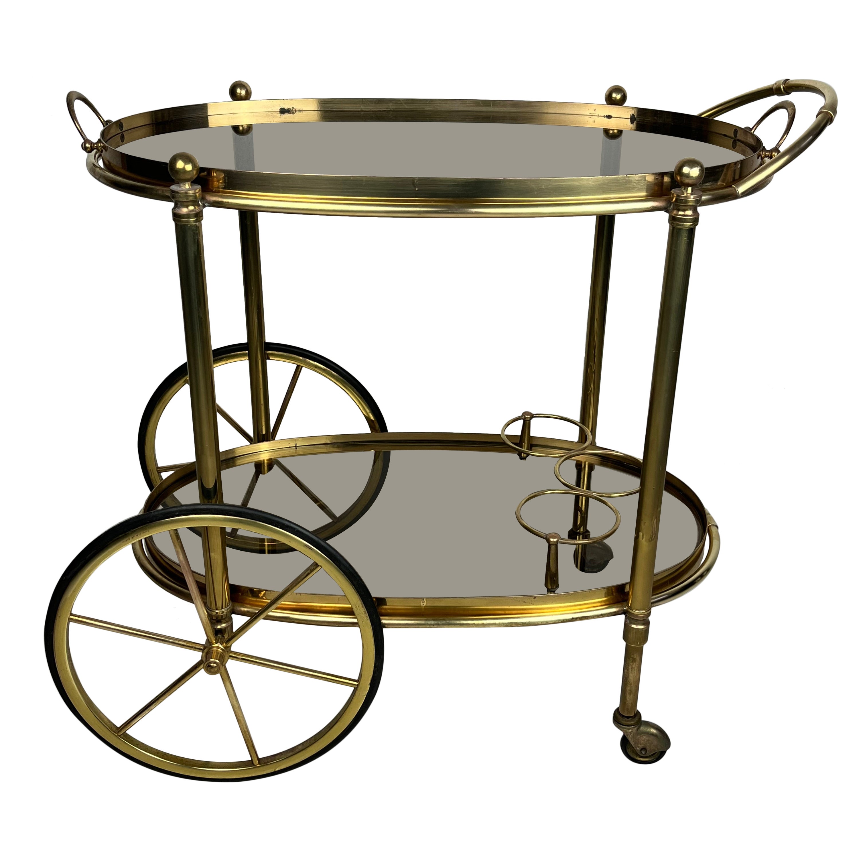 Mid-Century Brass Oval Bar Trolley  with Smoked Glass Italian Design 1960s