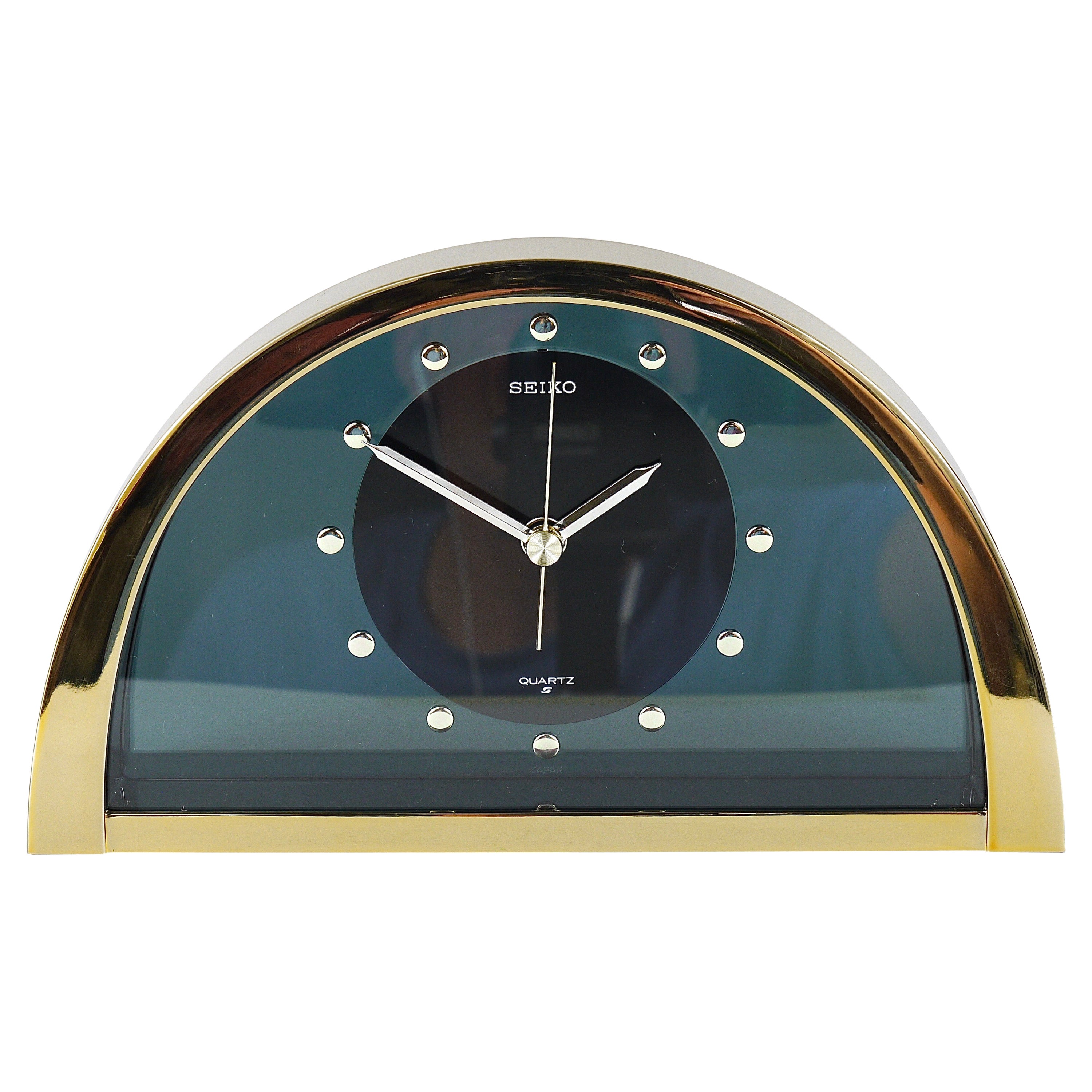 Beautiful Hollywood Regency Brass "See-Through" Table Clock, Seiko, 1980s For Sale