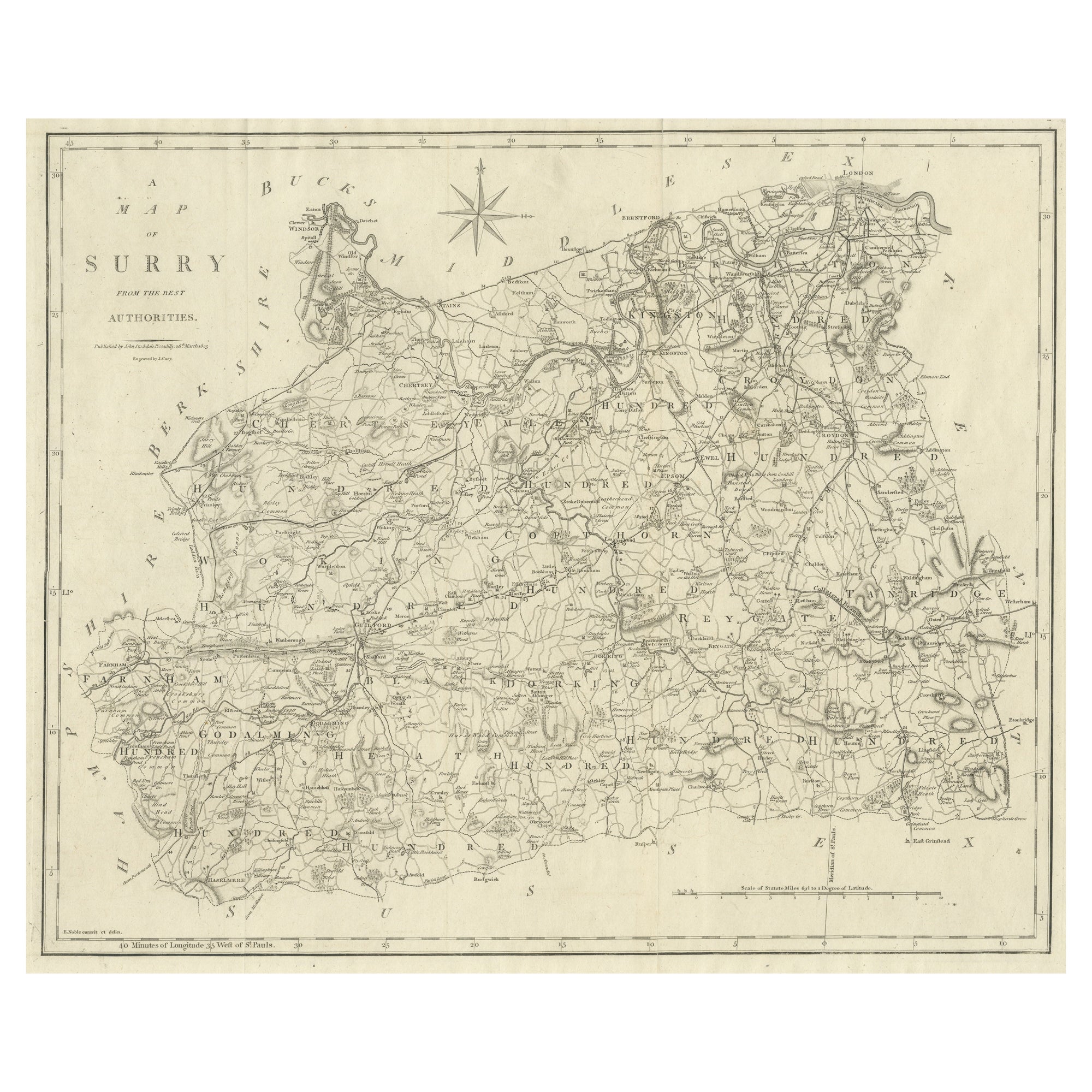 Grande carte ancienne du comté du Surrey, Angleterre
