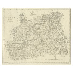 Grande carte ancienne du comté du Surrey, Angleterre