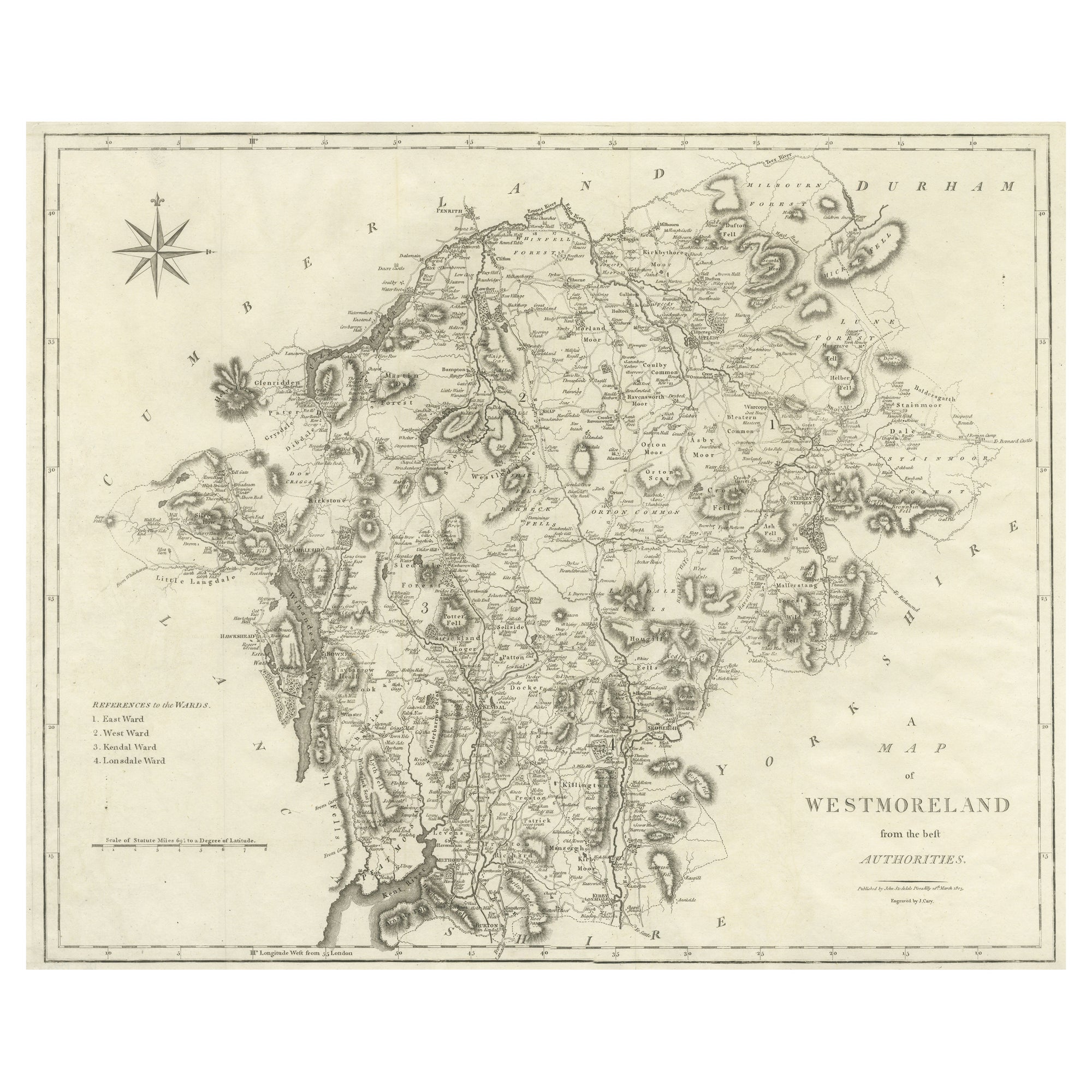 Large Antique County Map of Westmorland, England For Sale