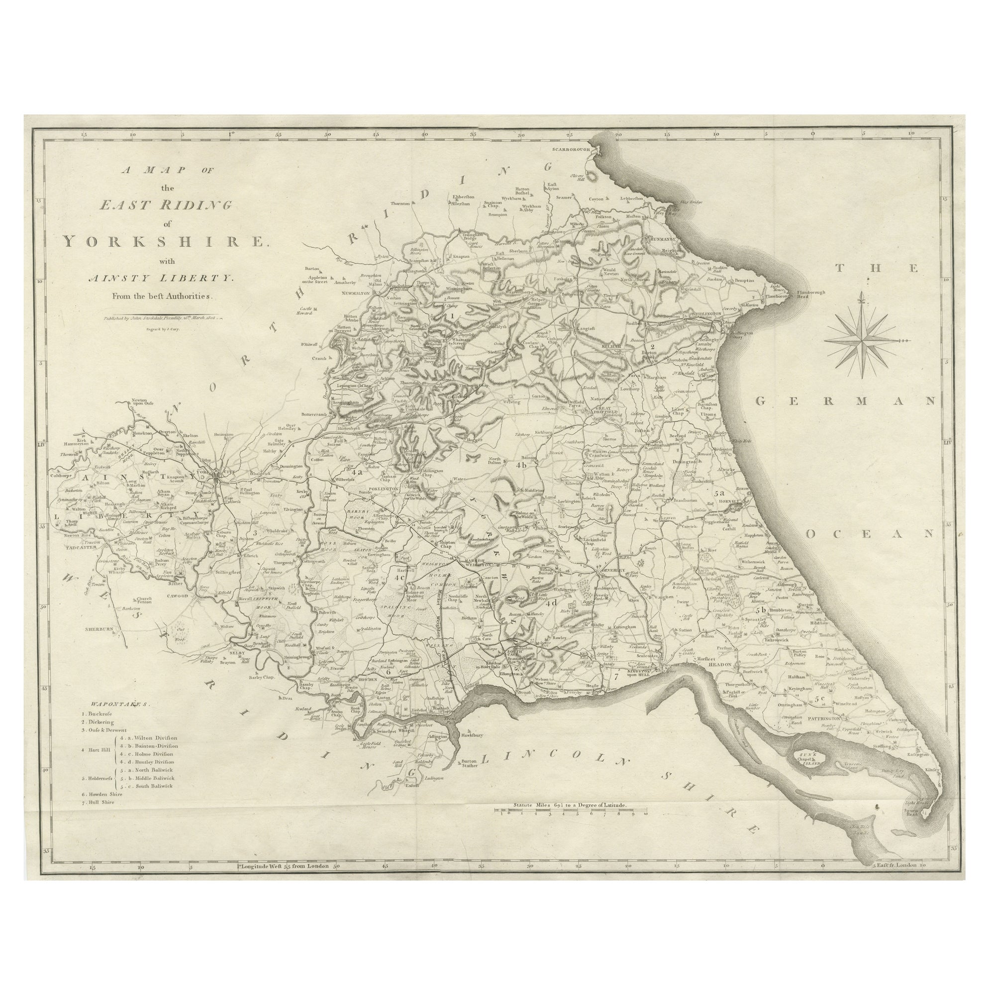 Large Antique County Map of the East Riding of Yorkshire, England