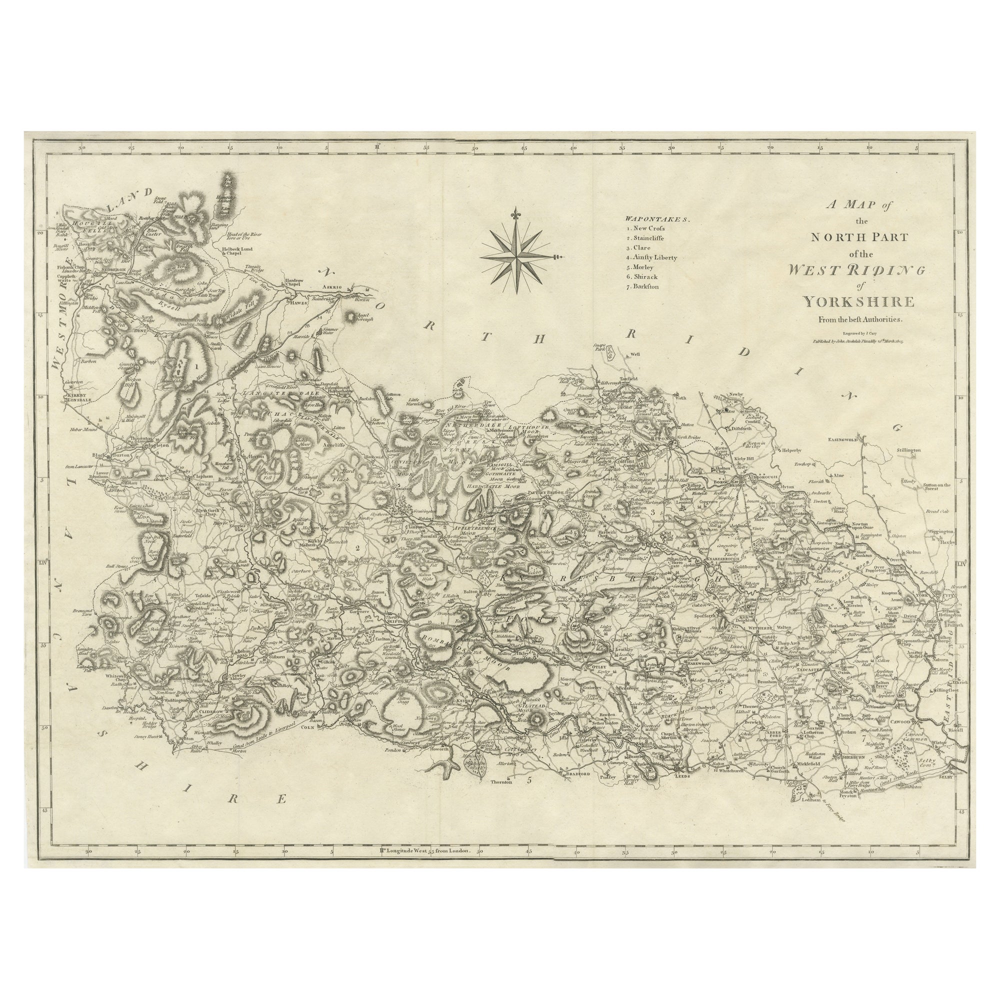 Large Antique County Map of the West Riding of Yorkshire 'North Part', England For Sale