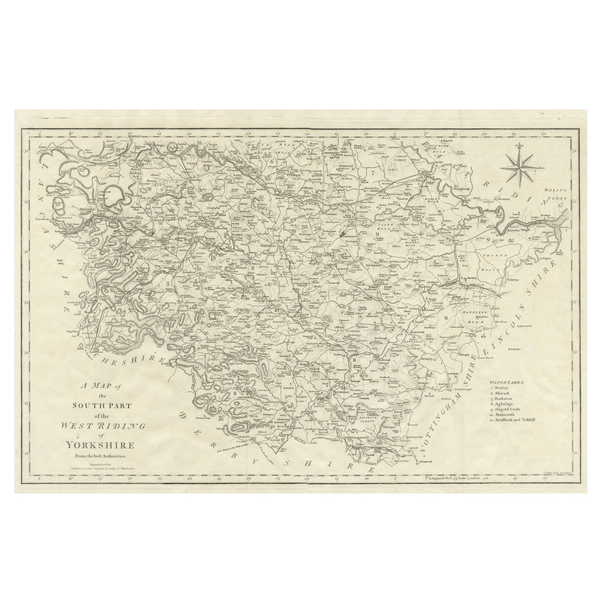 Large Antique County Map of the West Riding of Yorkshire 'South Part', England For Sale