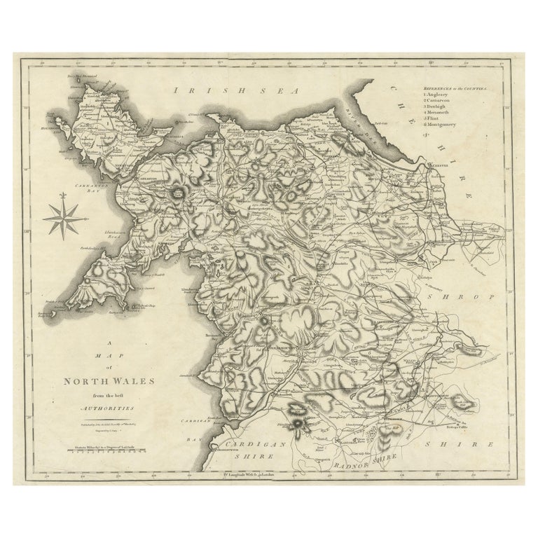 Large Antique County Map of North Wales, England For Sale at 1stDibs