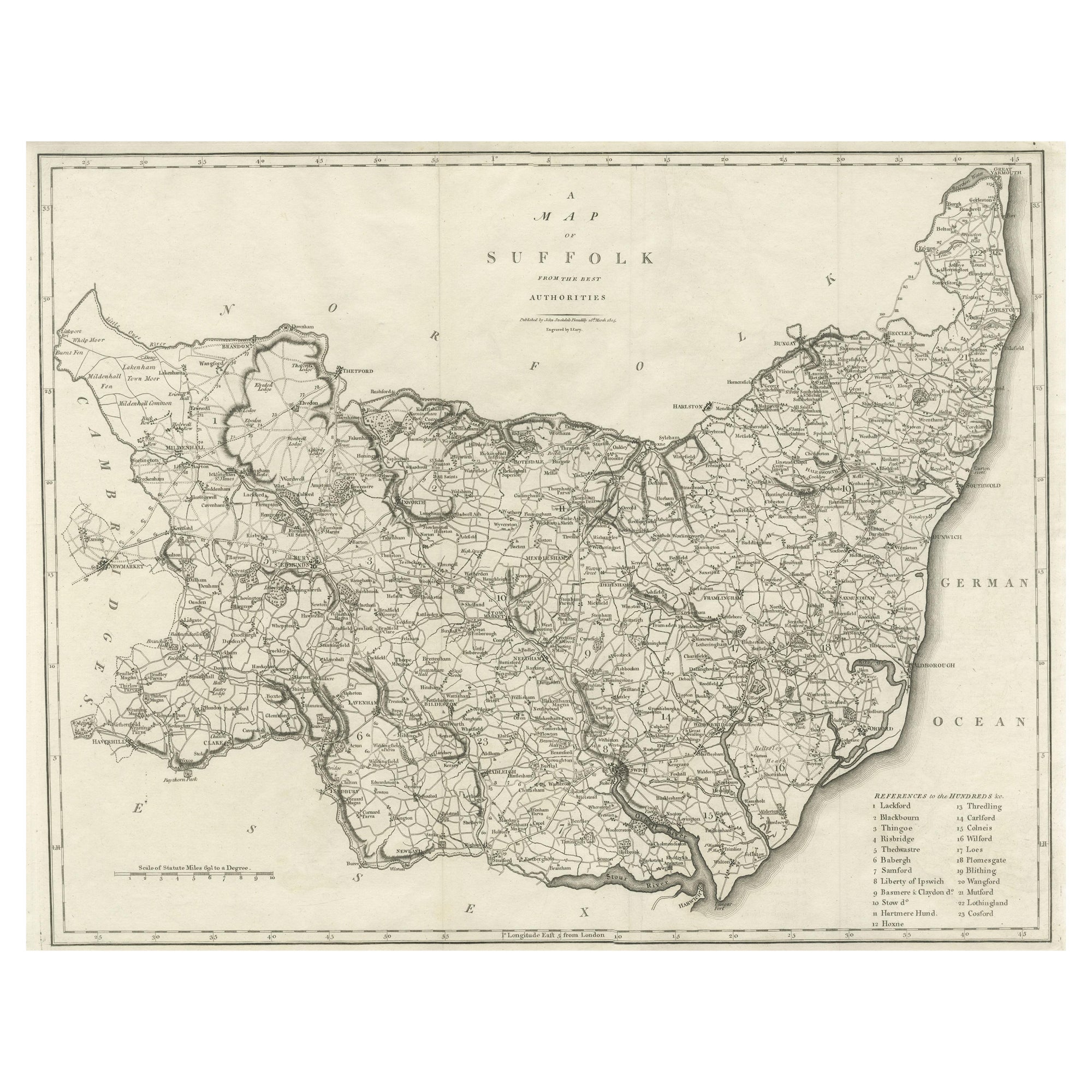 Large Antique County Map of Suffolk, England For Sale