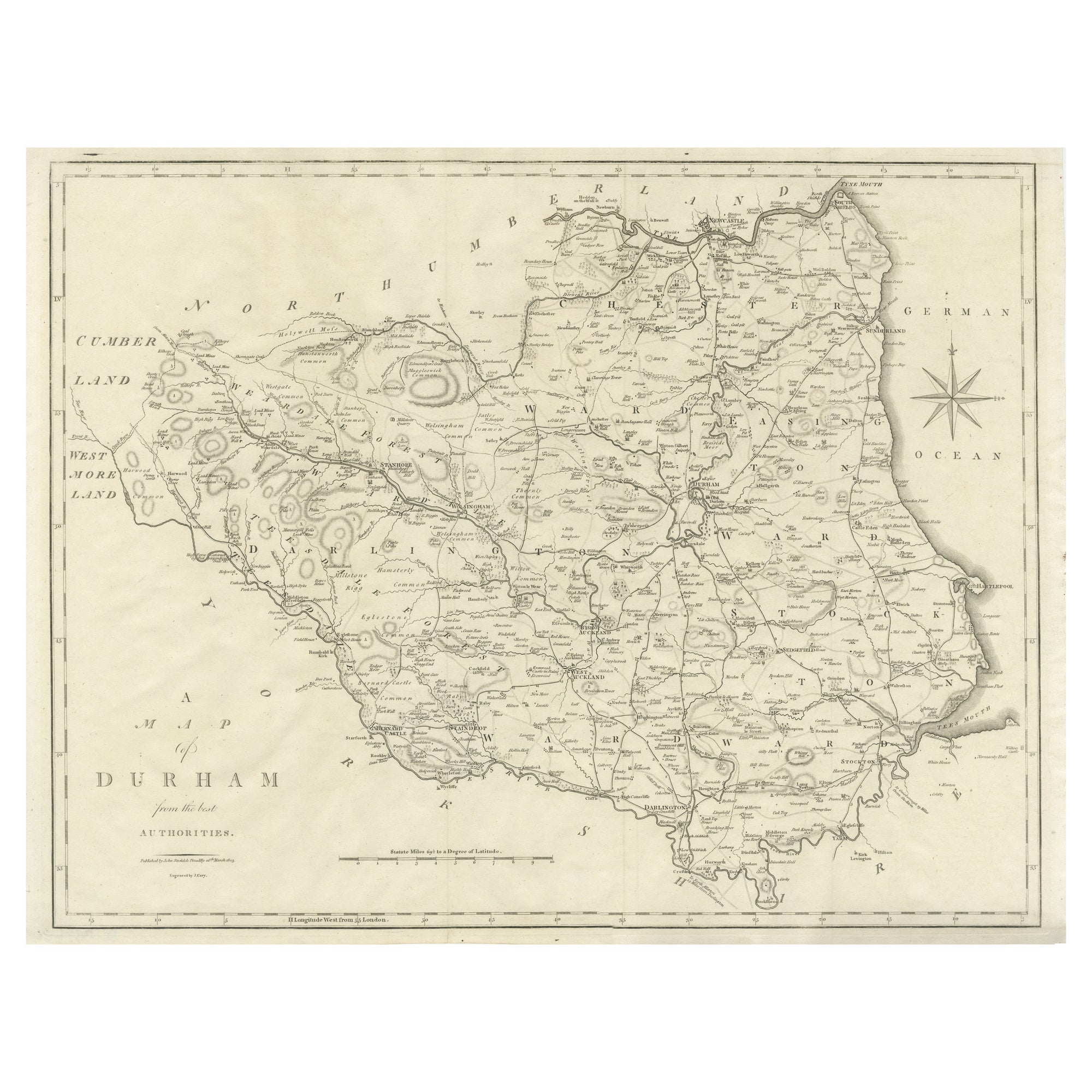 Grande carte ancienne du comté de Durham, Angleterre en vente