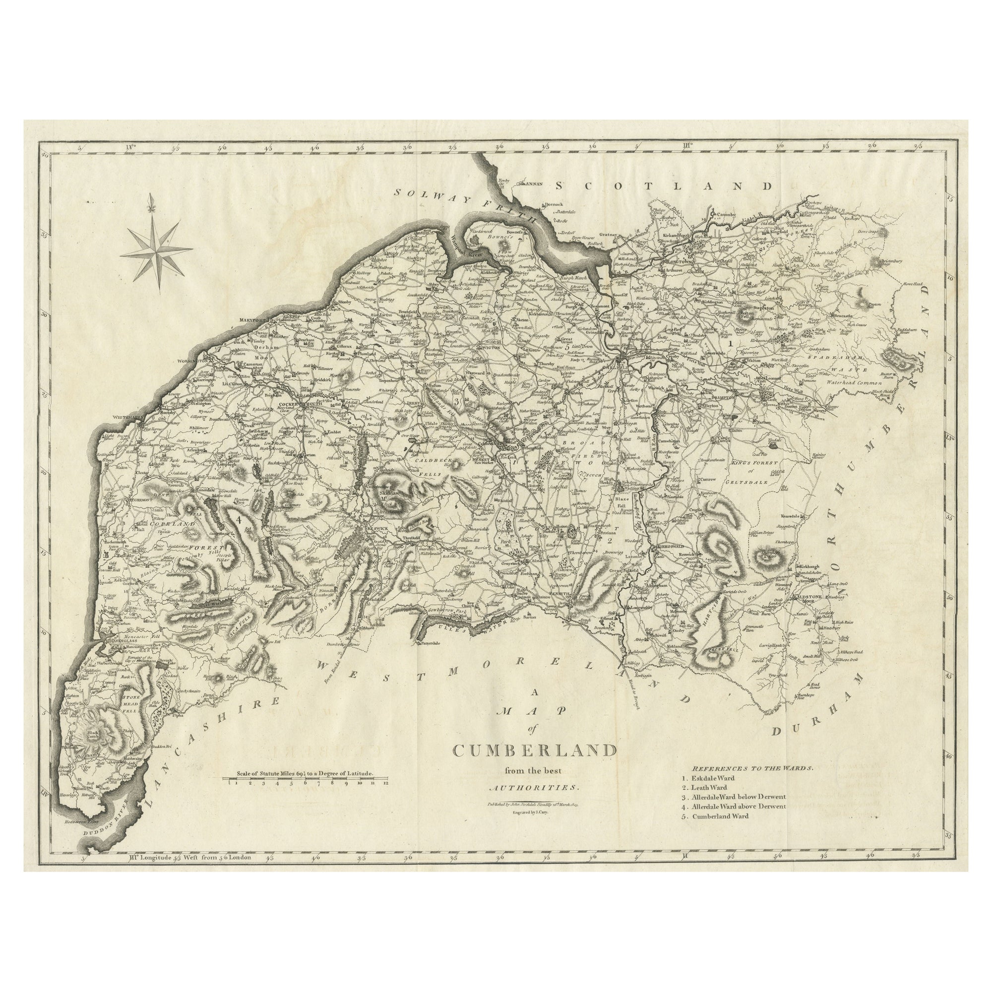 Large Antique County Map of Cumberland, England For Sale