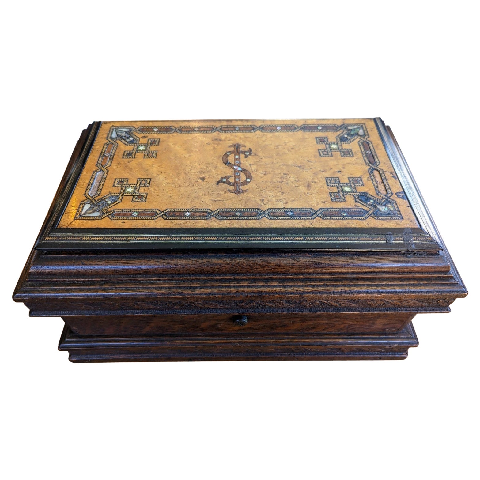 Vintage to Antique Wood Box with Hidden Compartments Marquetry Inlay MOP For Sale