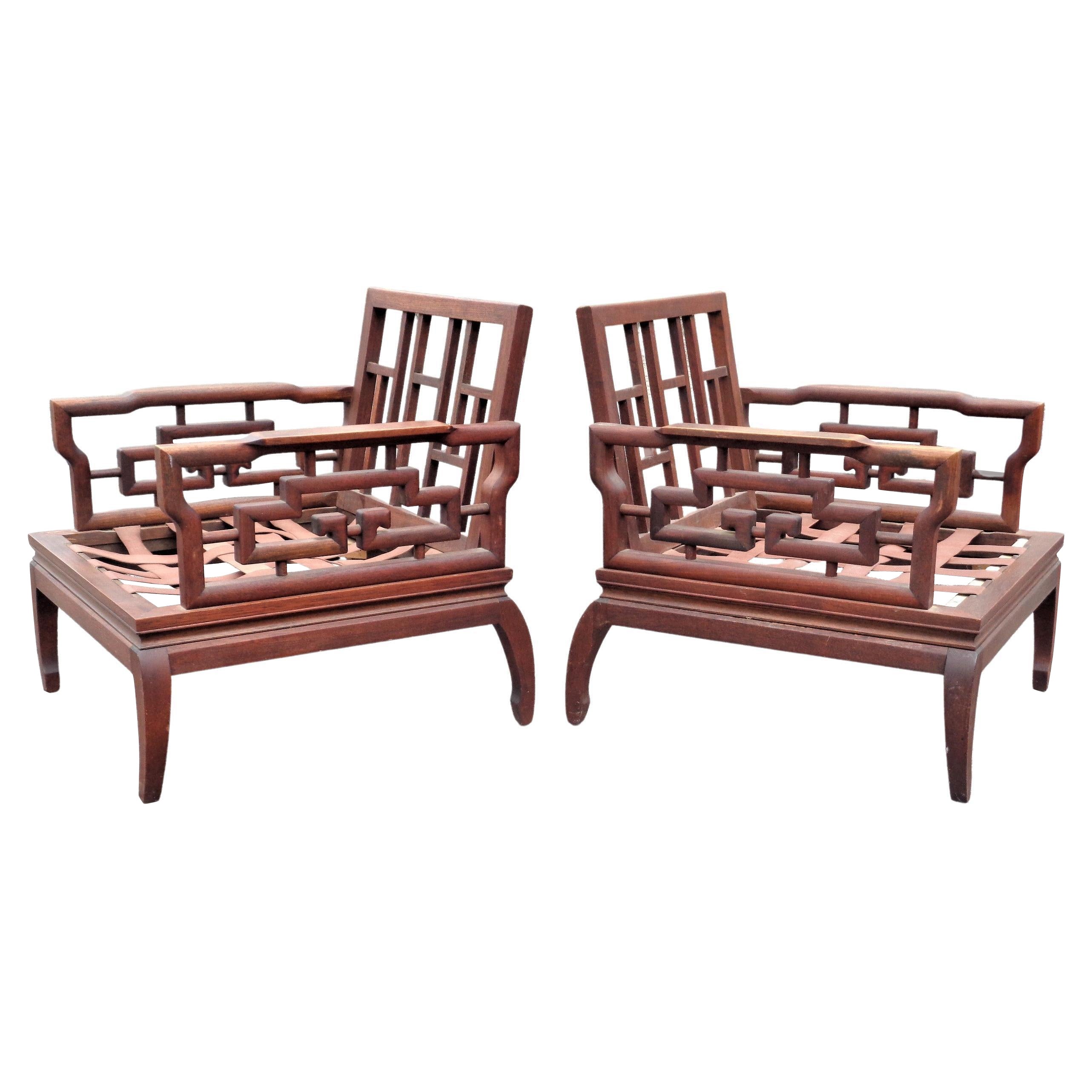 Pair Asian Ming Style Carved Mahogany Lounge Chairs, 1940-1960