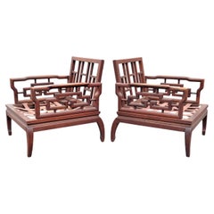 Pair Asian Ming Style Carved Teak Lounge Chairs