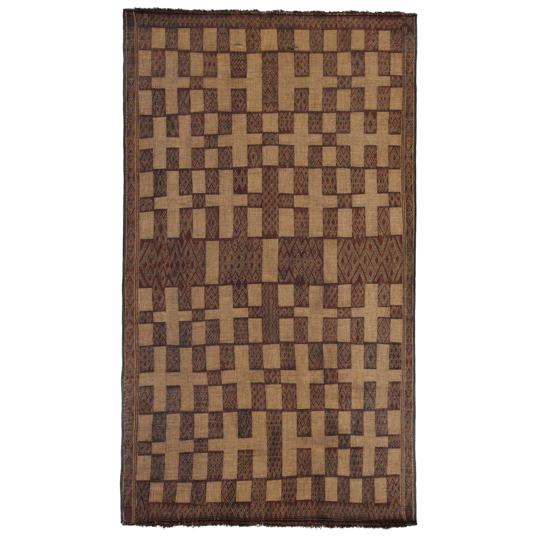 Vintage Moroccan Tuareg Mat in Beige & Red Geometric Patterns, from Rug & Kilim For Sale