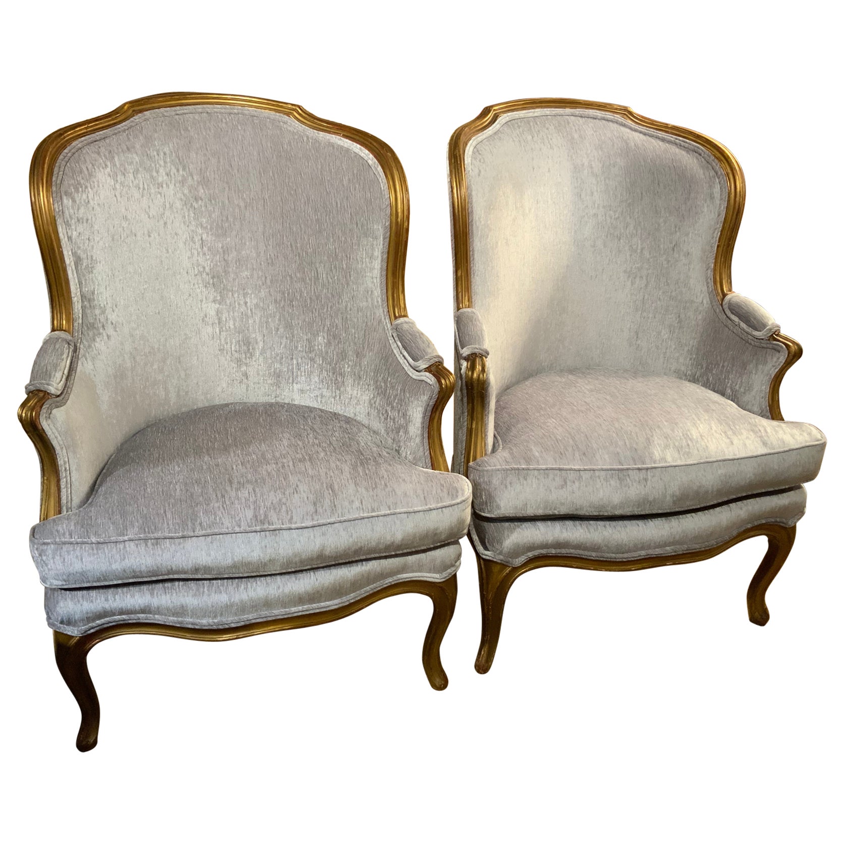 Pair of French Antique Giltwood Louis XVI-Style Bergere Chairs/Arm Chairs 19th C For Sale