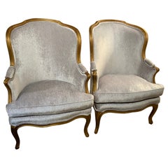 Pair of French Antique Giltwood Louis XVI-Style Bergere Chairs/Arm Chairs 19th C