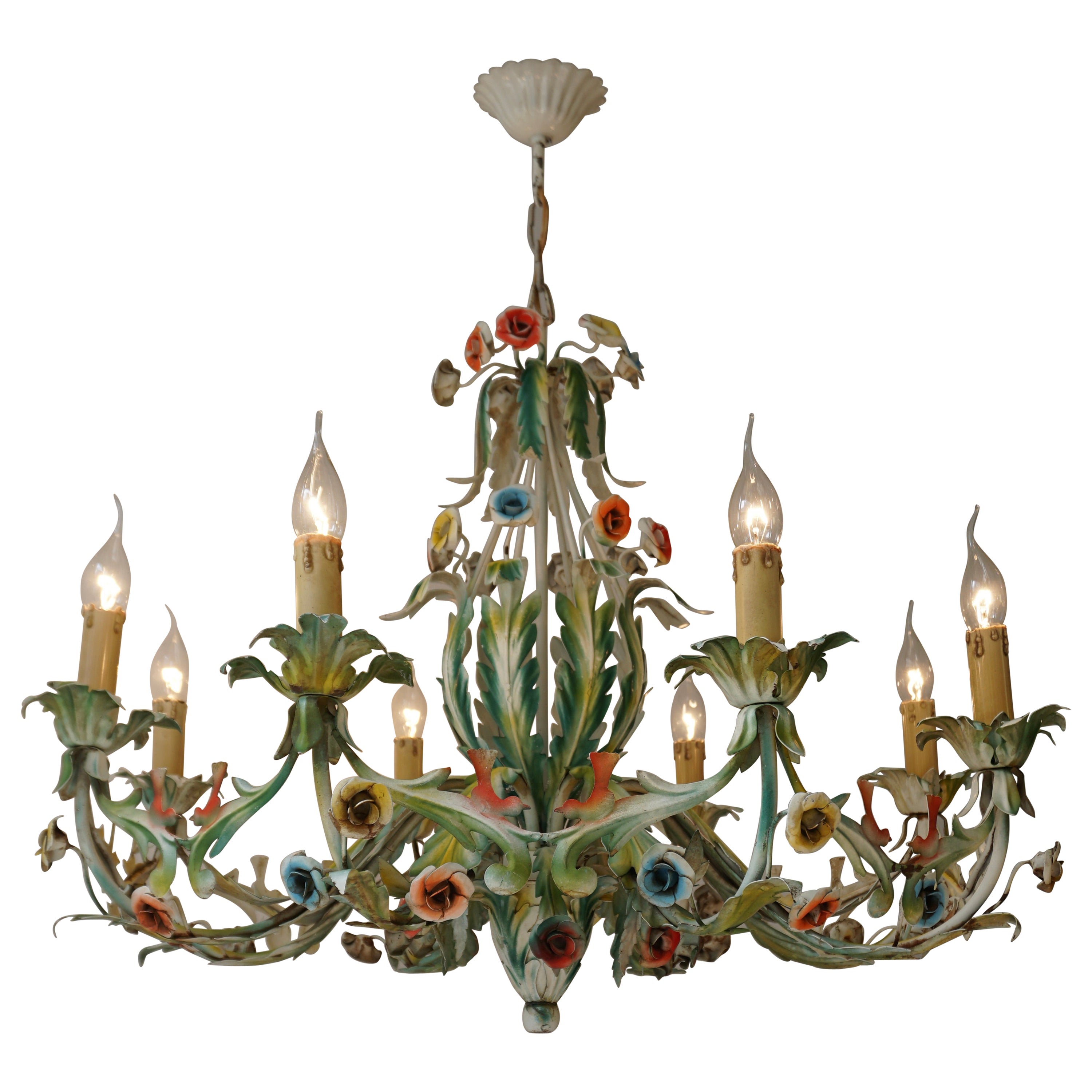 Grand lustre en métal peint polychrome avec fleurs et oiseaux en vente