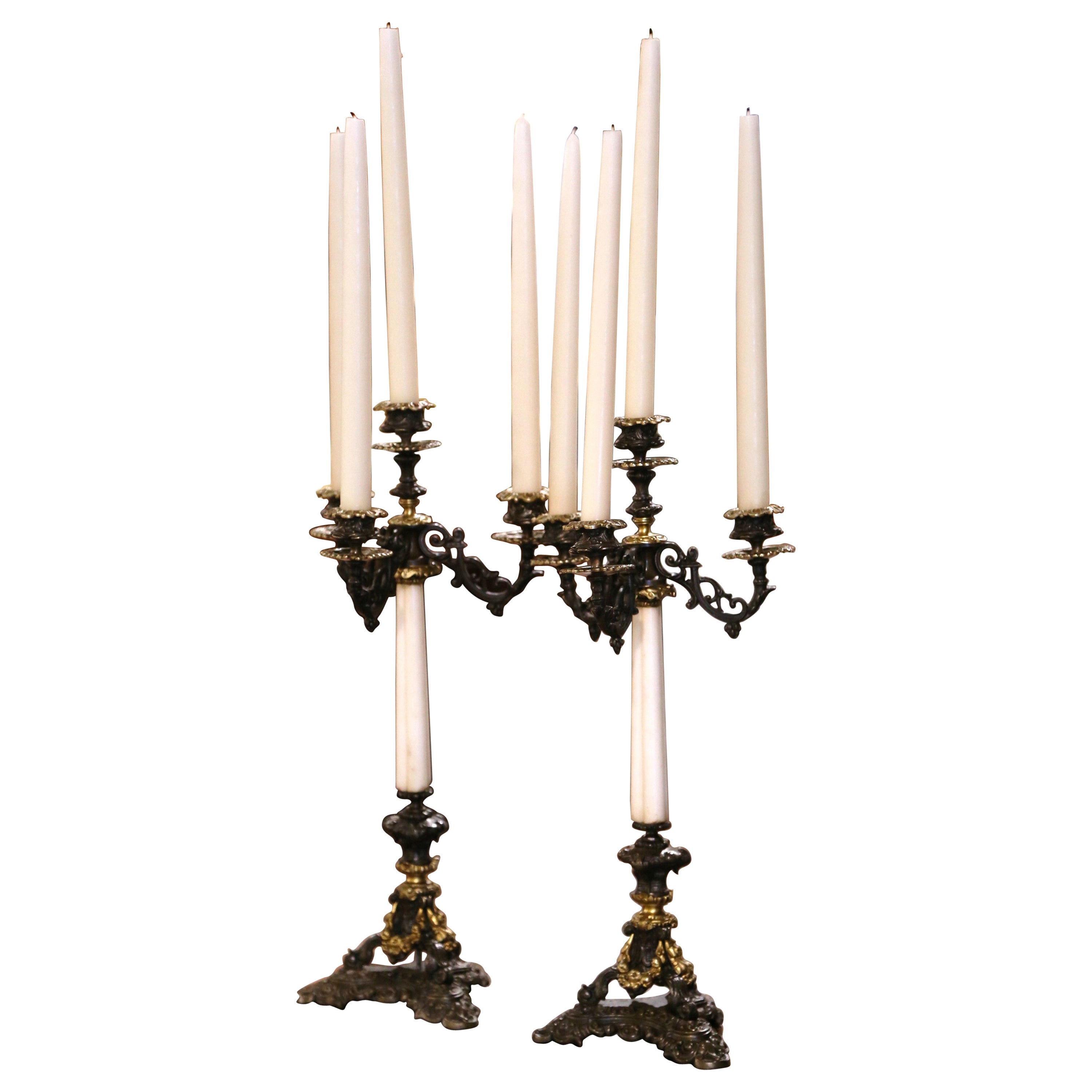 Pair of 19th Century French Napoleon III Bronze and Marble Candlesticks For Sale