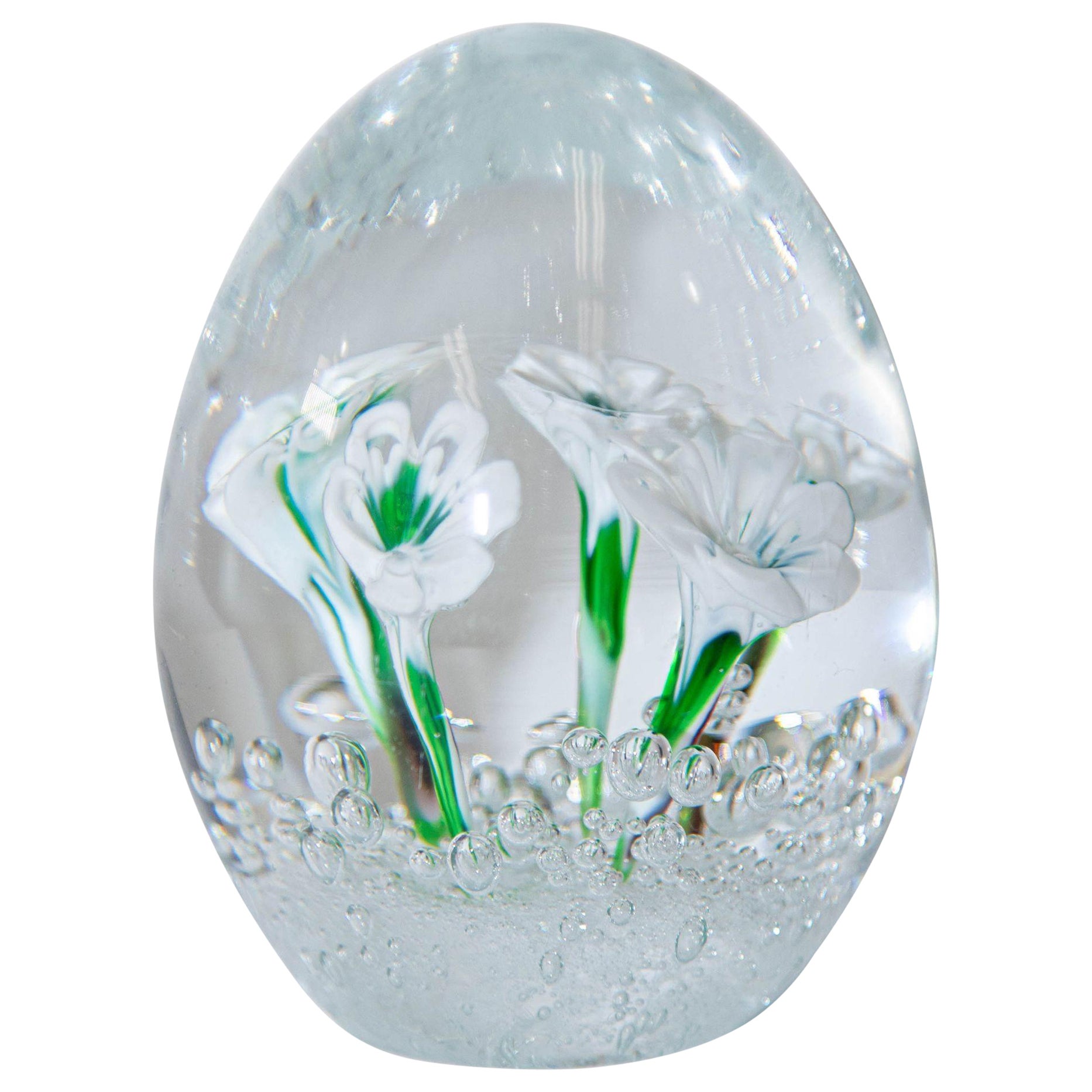 Italian Murano Hand Blown Art Glass Paperweight with White Flowers Fratelli Toso