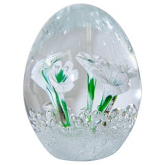 Vintage Italian Murano Hand Blown Art Glass Paperweight with White Flowers Fratelli Toso