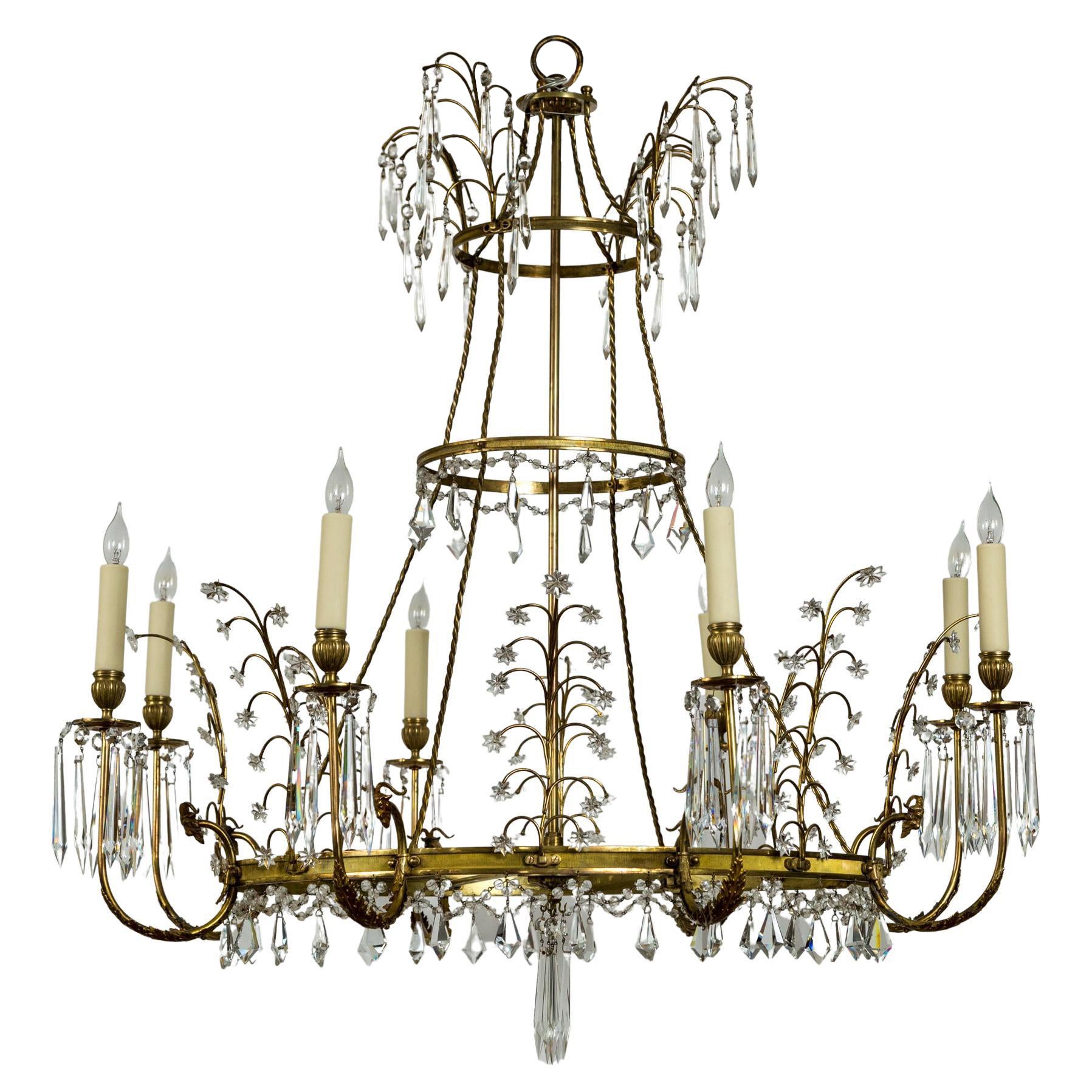 Early 20th Century Baltic Russian Neoclassical Brass and Crystal Chandelier For Sale