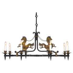French Hippocampus Handwrought Iron and Brass Eight Arm Chandelier