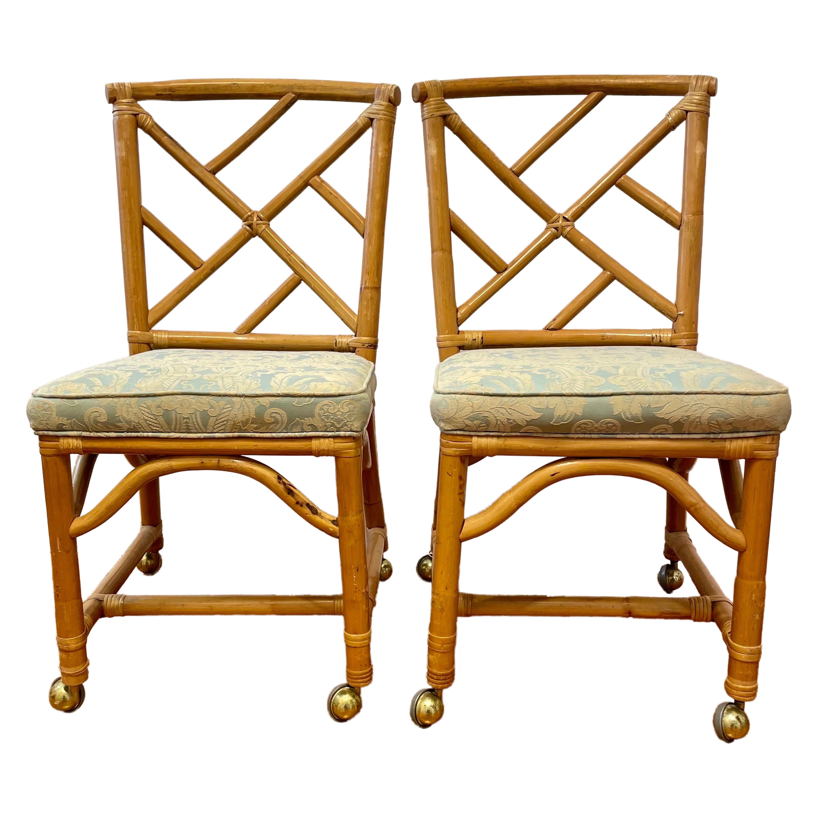 Pair of Bamboo Rattan Chairs on Casters