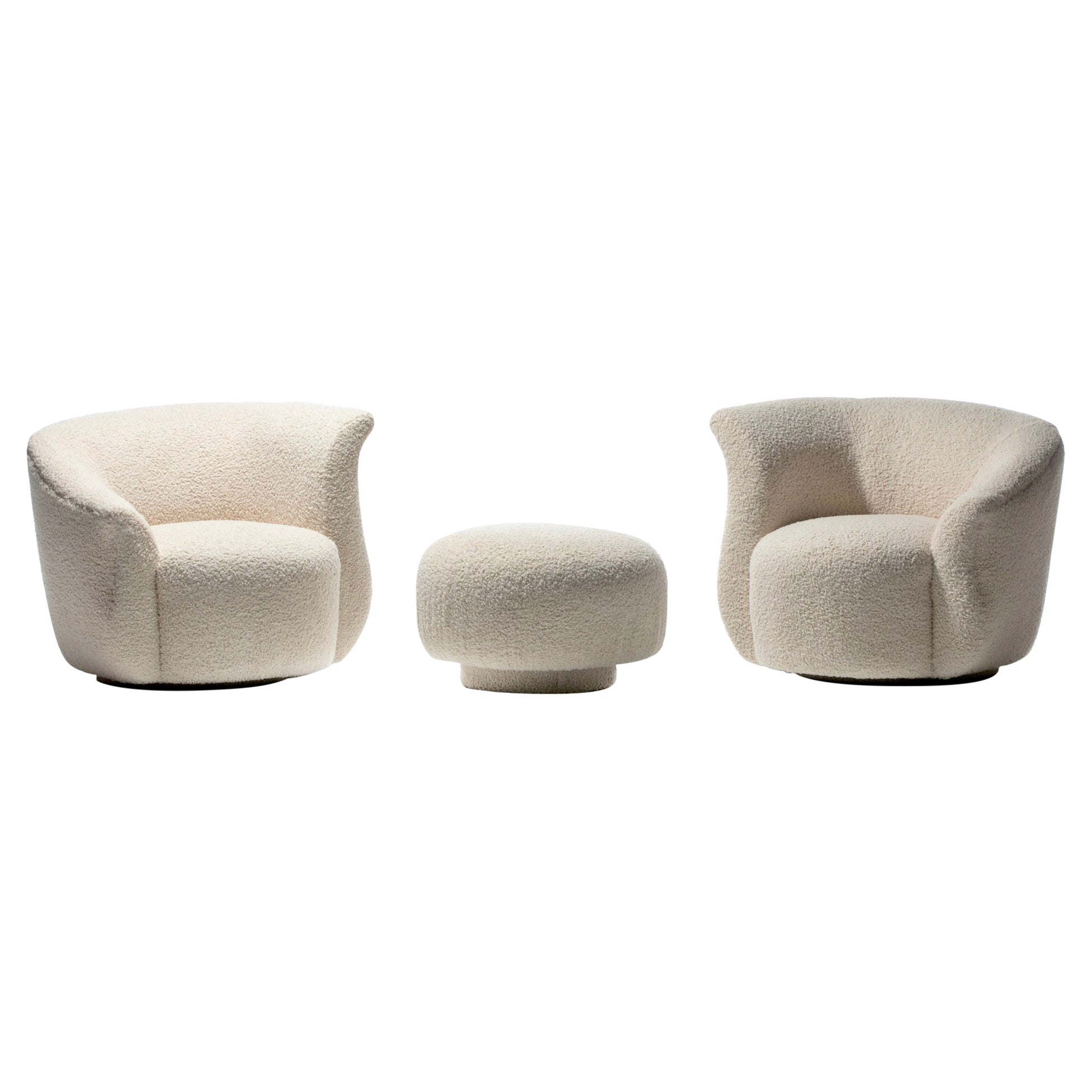 Pair of Post Modern Swivel Chairs & Custom Swivel Ottoman in Ivory White Bouclé For Sale