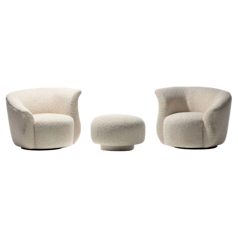 Post Modern Ivory White Bouclé Clam Shell Swivel Lounge Chairs For Sale ...