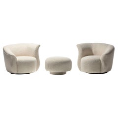 Pair of Post Modern Swivel Chairs & Custom Swivel Ottoman in Ivory White Bouclé
