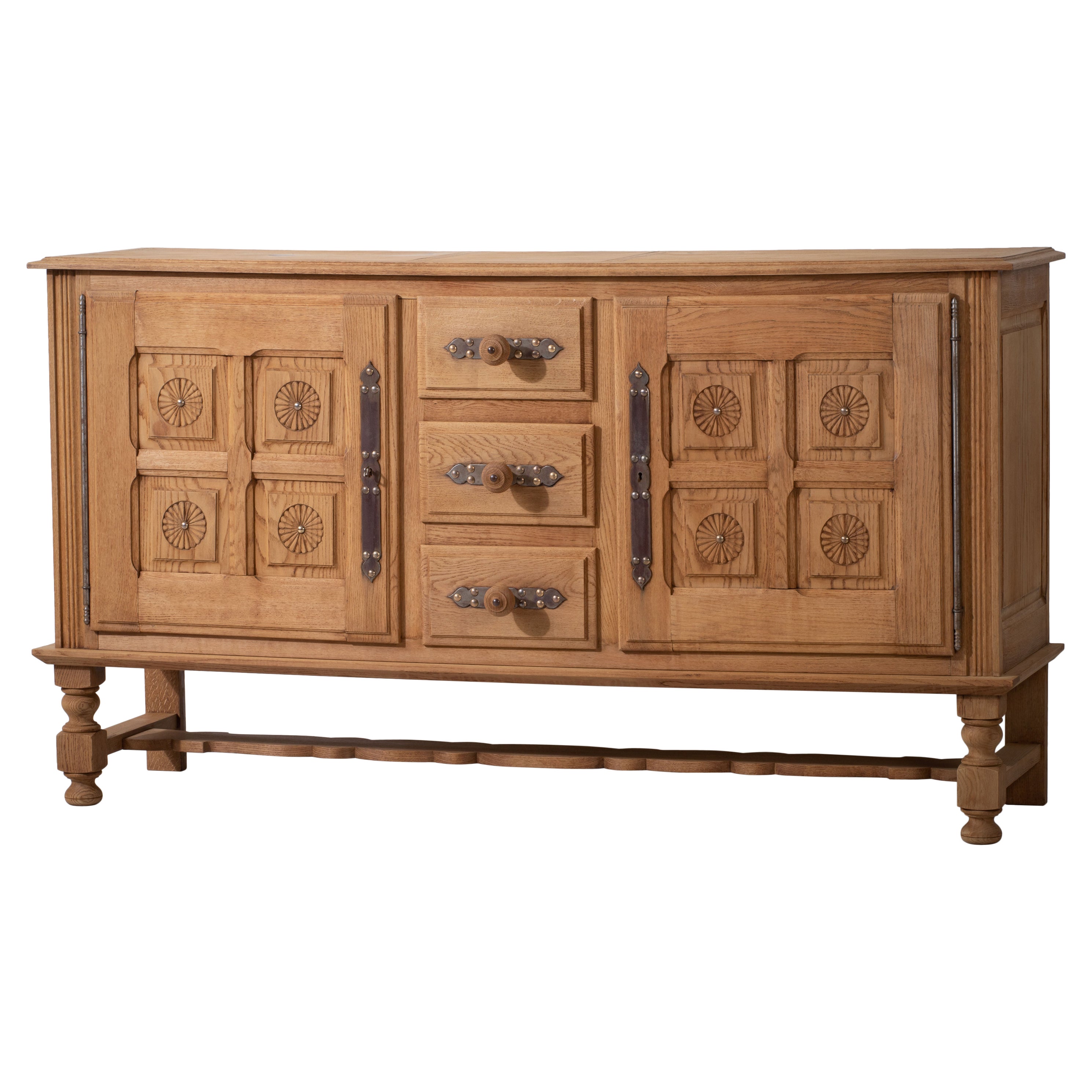 1950s Bleached Oak Sideboard with Hand-Carved Daisies