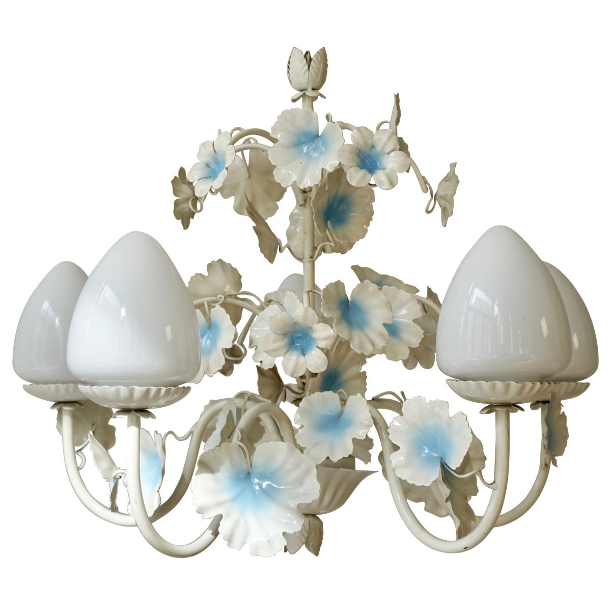 Tole Chandelier with Five Light Opaline Glass Globes For Sale