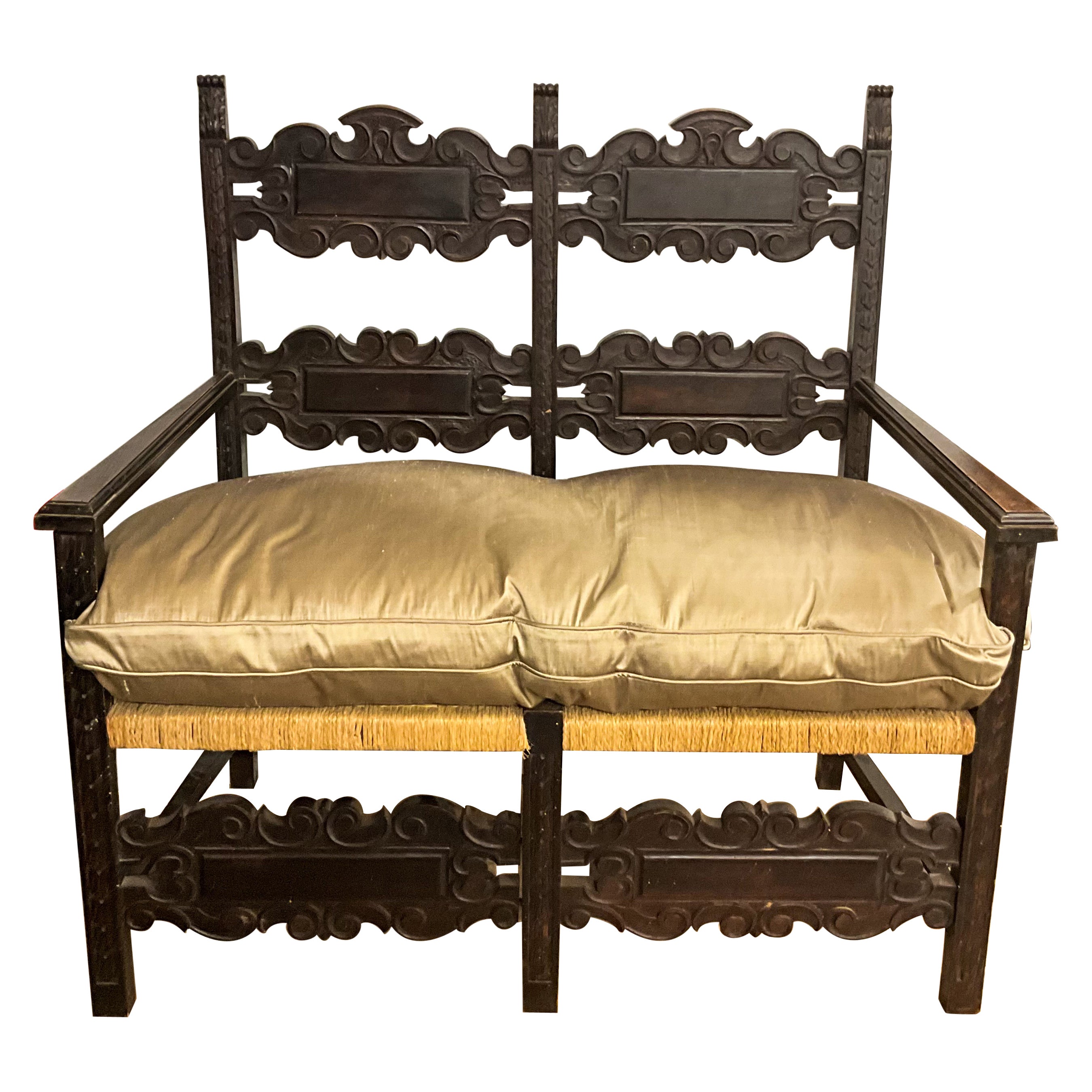 19th-C. French Ebonized Carved Oak Settee With Rush Seat & Silk Down Cushion For Sale