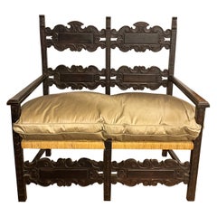 19th-C. French Ebonized Carved Oak Settee With Rush Seat & Silk Down Cushion