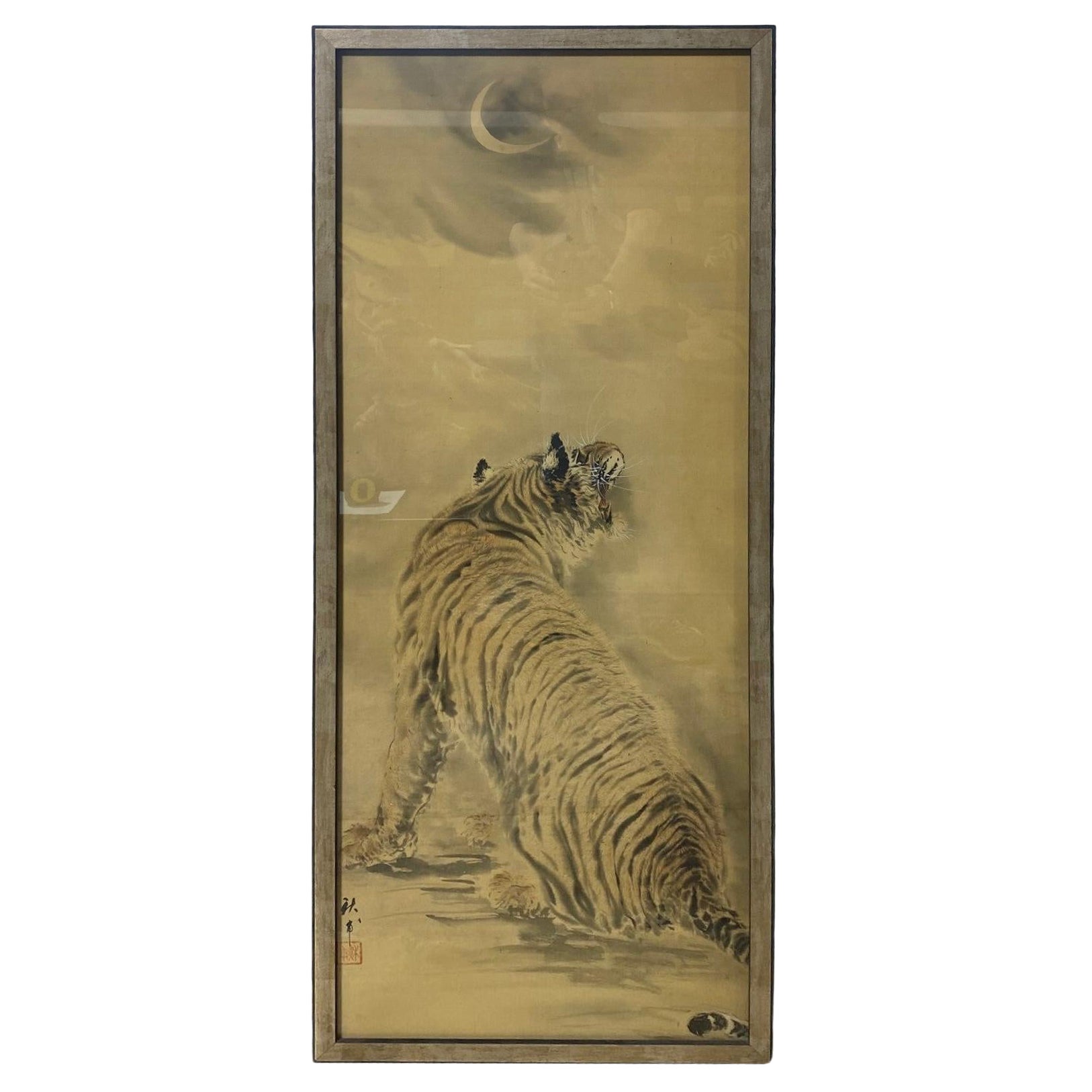 Japanese Chinese Korean Asian Signed Framed Hand Painted Tiger Scroll Painting For Sale