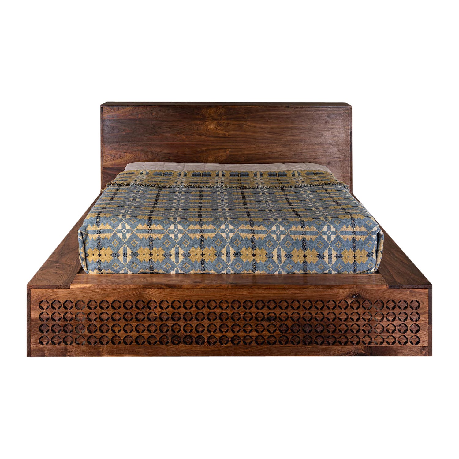 Mid-Century Modern Minimalist Walnut King Bed Frame - Carved Boho Detailing  For Sale