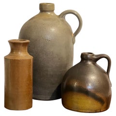 Antique 19th Century Salt Glazed Stoneware Jugs and Blacking Bottle, a Set