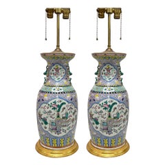 Midcentury Chinese Export Style Famille Rose Pottery / Gilt Table Lamps, Pair
