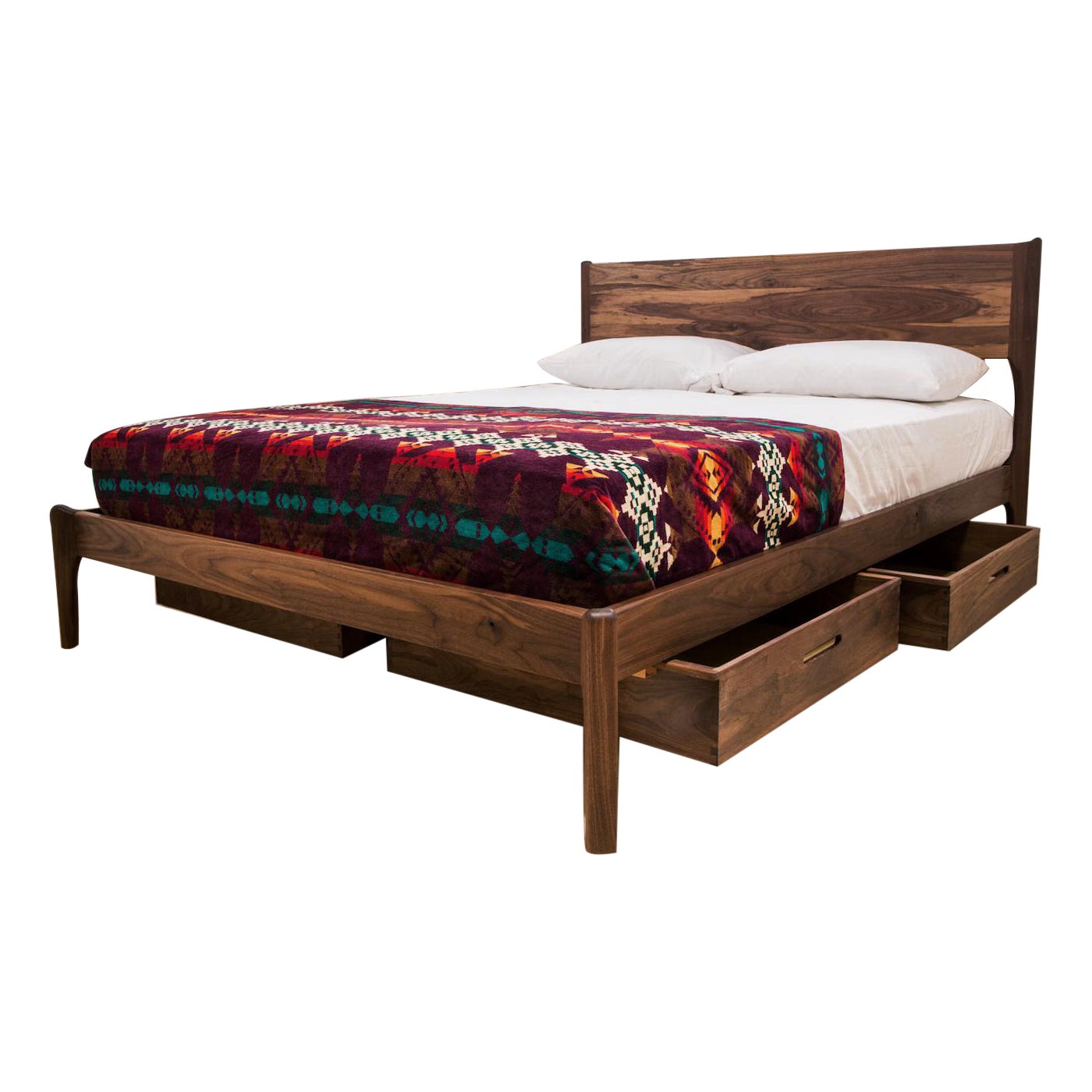 Classic Mid-Century Modern Walnut Bed W Storage, Minimalist Frame For Sale