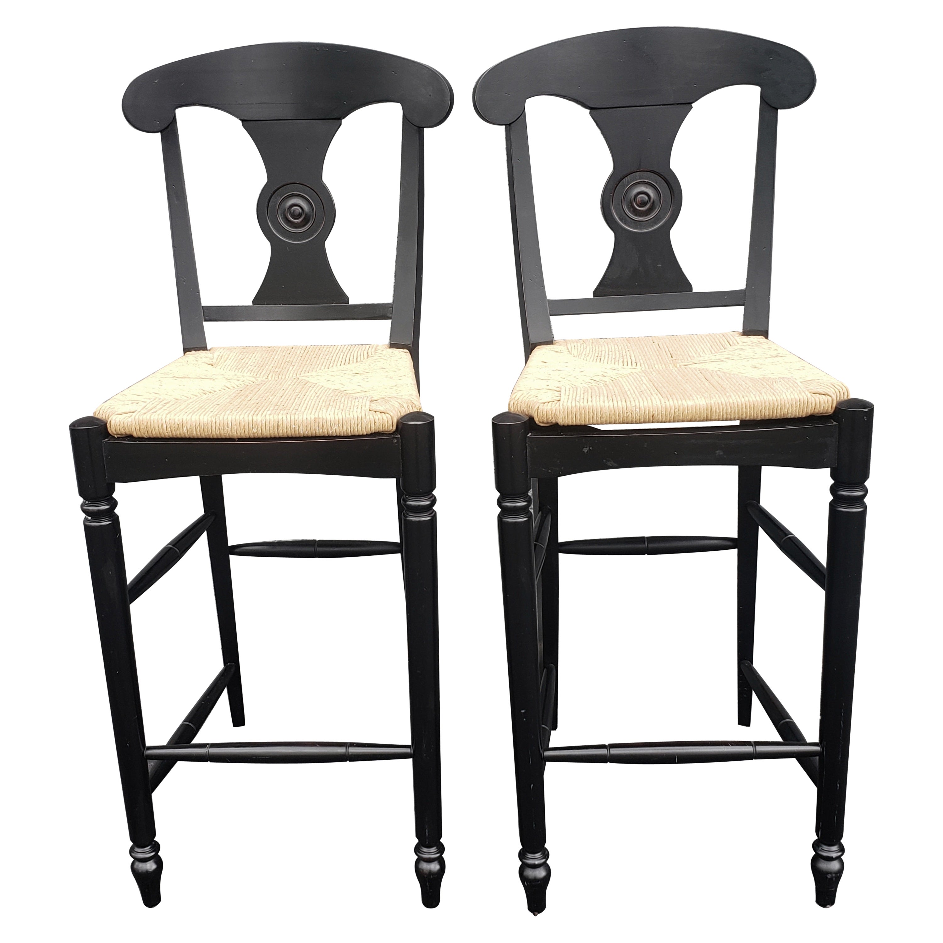 Ethan Allen Vintage French Country Rush Seat Bar Stools in Black, a Pair