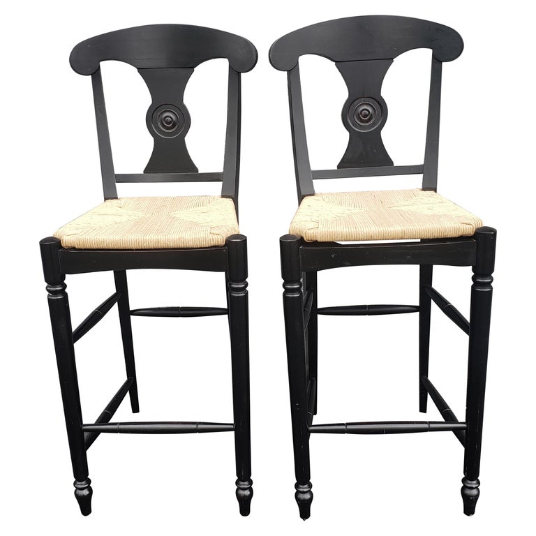Ethan Allen Vintage French Country Rush Seat Bar Stools in Black, a Pair  For Sale at 1stDibs | pottery barn napoleon bar stools