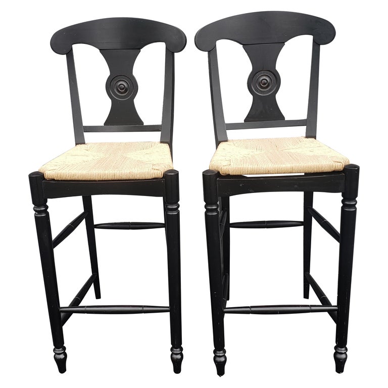 Ethan Allen Vintage French Country Rush Seat Bar Stools in Black, a