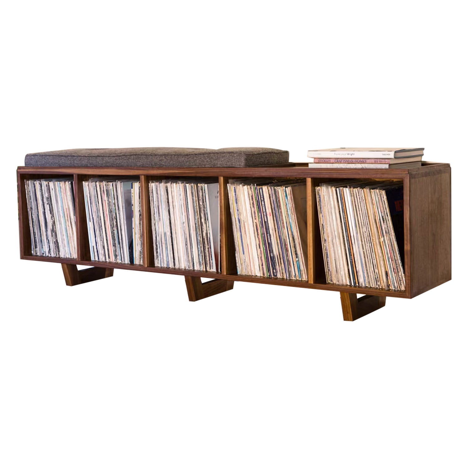 Banc de rangement / étagère pour disques vinyle LP HIFI mi-siècle moderne en noyer en vente