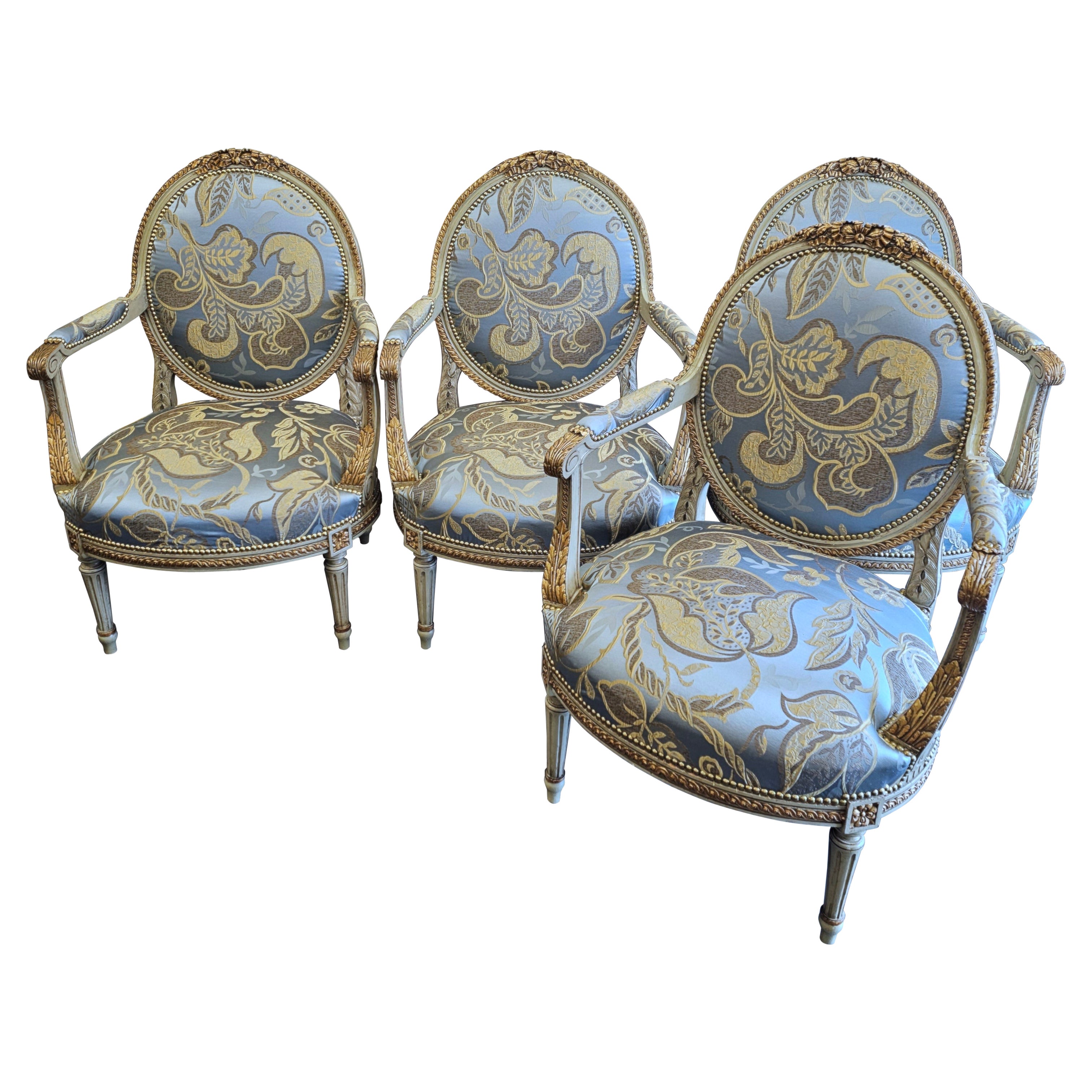 Set of Four Louis XVI Style Painted and Giltwood Fauteuils For Sale
