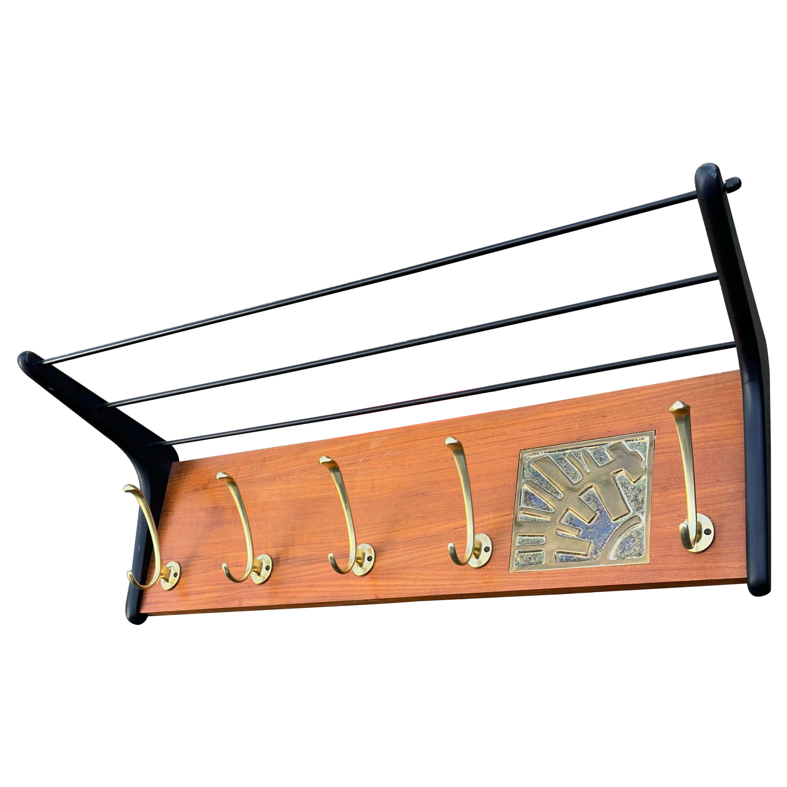 Beautiful Mid-Century Modern Wooden Wall Coat Rack, Design by Alfred Hendrickx For Sale