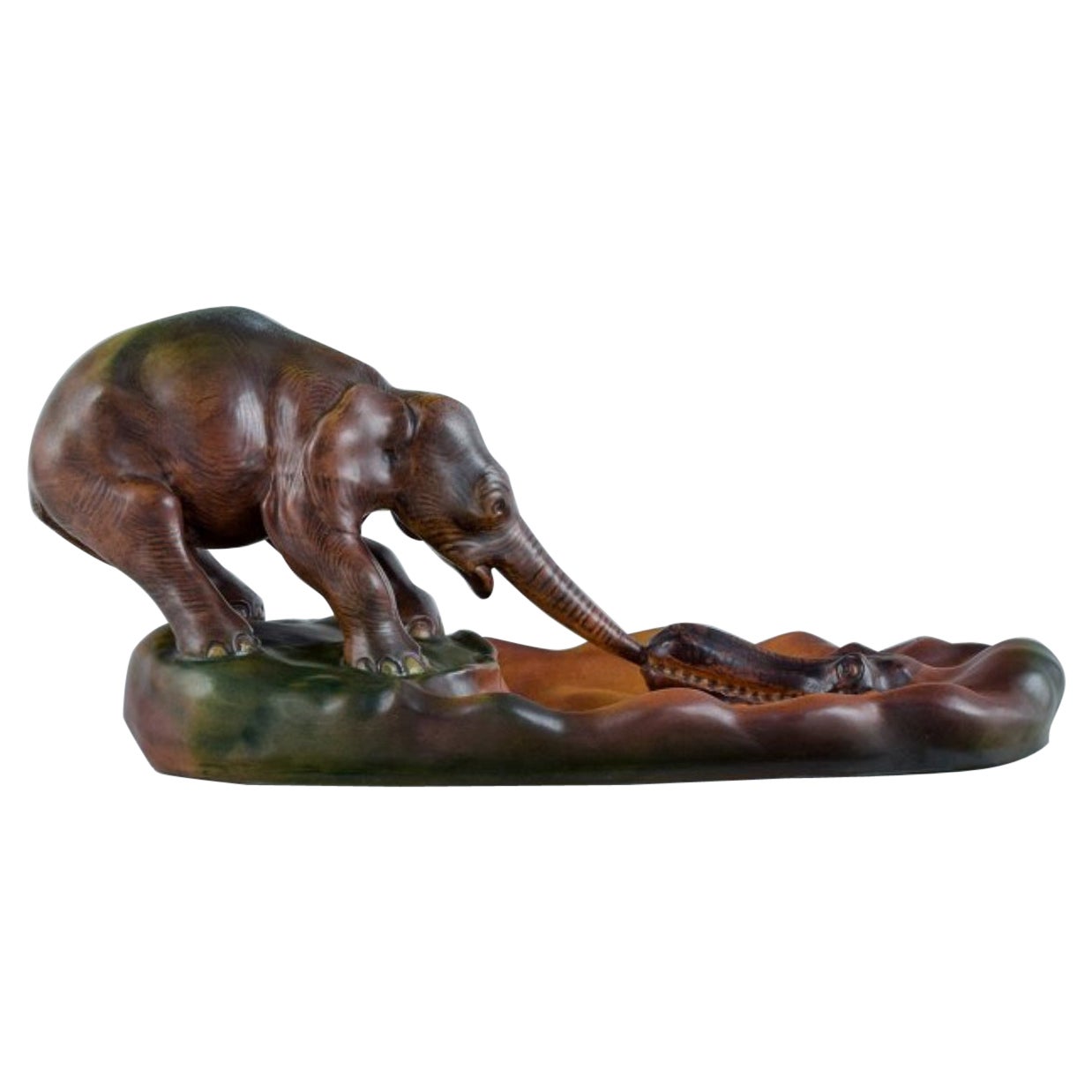 Ipsens, Denmark, Elephant and Crocodile, Ceramic Figurine Group For Sale