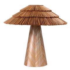 ROOTS OF HOME Small Table Lamp Straw Marquetry Beige Inlay Handcrafted Lighting